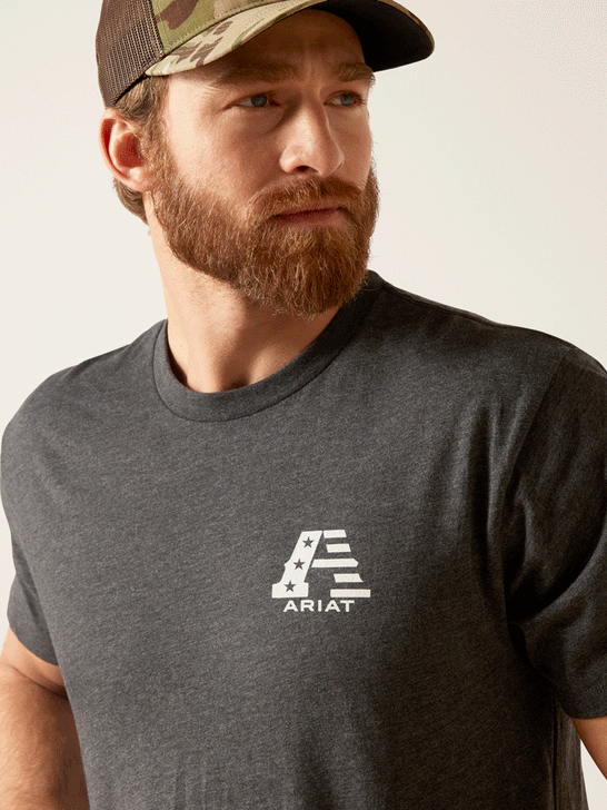Ariat 10047656 Mens US A Short Sleeve T-Shirt Charcoal Heather front close up view. If you need any assistance with this item or the purchase of this item please call us at five six one seven four eight eight eight zero one Monday through Saturday 10:00a.m EST to 8:00 p.m EST