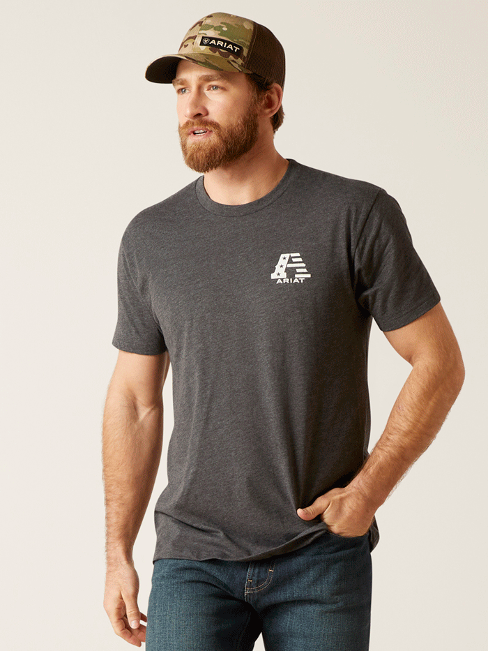 Ariat 10047656 Mens US A Short Sleeve T-Shirt Charcoal Heather back view. If you need any assistance with this item or the purchase of this item please call us at five six one seven four eight eight eight zero one Monday through Saturday 10:00a.m EST to 8:00 p.m EST