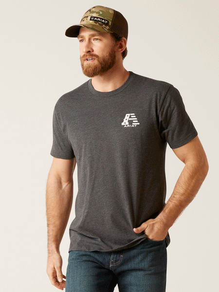 Ariat 10047656 Mens US A Short Sleeve T-Shirt Charcoal Heather front view. If you need any assistance with this item or the purchase of this item please call us at five six one seven four eight eight eight zero one Monday through Saturday 10:00a.m EST to 8:00 p.m EST