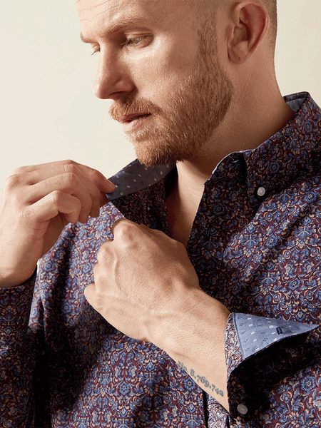 Ariat 10065805 Mens Wrinkle Free Brendan Classic Fit Shirt Blue close up. If you need any assistance with this item or the purchase of this item please call us at five six one seven four eight eight eight zero one Monday through Saturday 10:00a.m EST to 8:00 p.m EST