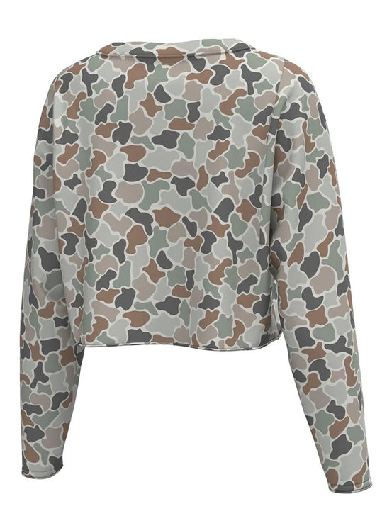 Local Girl Outfitters L5112000-FCF Womens Boxy Crop Long Sleeve T-Shirt Forest Camo Flora back view. If you need any assistance with this item or the purchase of this item please call us at five six one seven four eight eight eight zero one Monday through Saturday 10:00a.m EST to 8:00 p.m EST