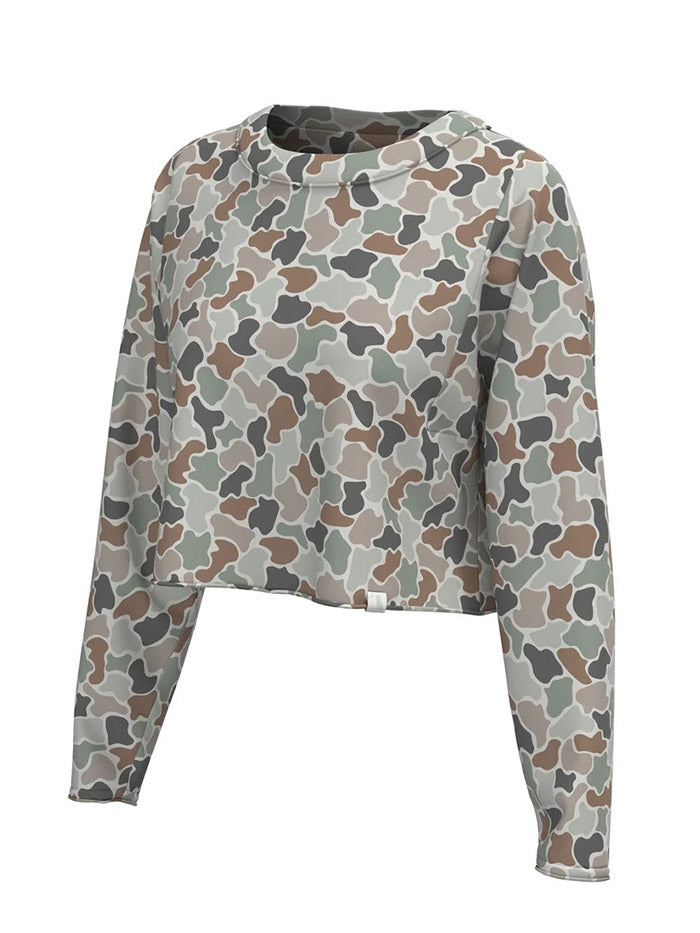 Local Girl Outfitters L5112000-FCF Womens Boxy Crop Long Sleeve T-Shirt Forest Camo Flora front view. If you need any assistance with this item or the purchase of this item please call us at five six one seven four eight eight eight zero one Monday through Saturday 10:00a.m EST to 8:00 p.m EST