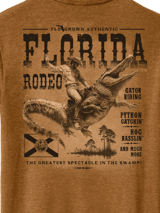 FloGrown FGM1-1112 Mens Limited Edition Annual Florida Rodeo Poster Tee Bronze design close up. If you need any assistance with this item or the purchase of this item please call us at five six one seven four eight eight eight zero one Monday through Saturday 10:00a.m EST to 8:00 p.m EST