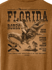 FloGrown FGM1-1112 Mens Limited Edition Annual Florida Rodeo Poster Tee Bronze design close up. If you need any assistance with this item or the purchase of this item please call us at five six one seven four eight eight eight zero one Monday through Saturday 10:00a.m EST to 8:00 p.m EST