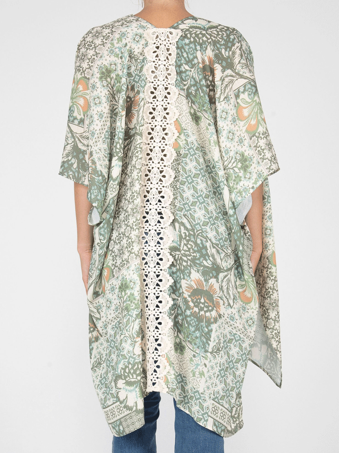 Miss Me MJ0638S Womens Floral Print Kimono With Crochet Trim Green front view close up. If you need any assistance with this item or the purchase of this item please call us at five six one seven four eight eight eight zero one Monday through Saturday 10:00a.m EST to 8:00 p.m EST