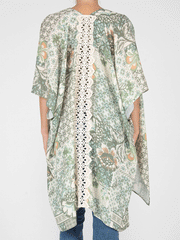 Miss Me MJ0638S Womens Floral Print Kimono With Crochet Trim Green back view close up. If you need any assistance with this item or the purchase of this item please call us at five six one seven four eight eight eight zero one Monday through Saturday 10:00a.m EST to 8:00 p.m EST