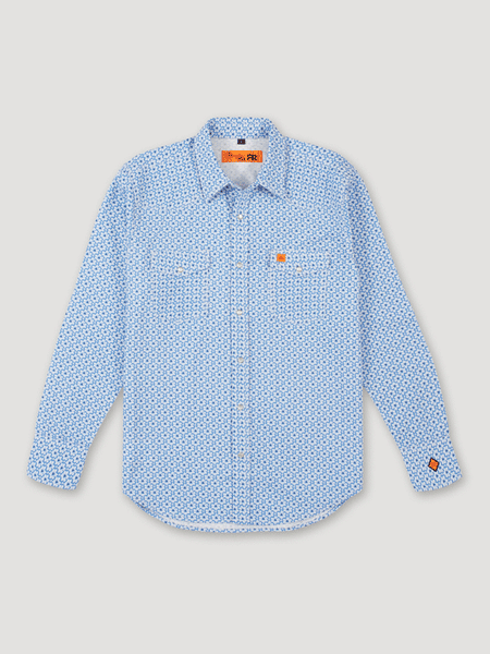 Wrangler FR166LB Mens 20x Snap Front FR Printed Work Shirt Light Blue front view. If you need any assistance with this item or the purchase of this item please call us at five six one seven four eight eight eight zero one Monday through Saturday 10:00a.m EST to 8:00 p.m EST