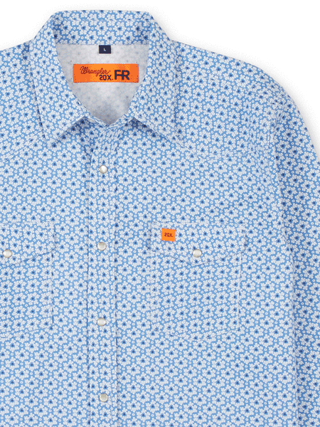 Wrangler FR166LB Mens 20x Snap Front FR Printed Work Shirt Light Blue close up front view. If you need any assistance with this item or the purchase of this item please call us at five six one seven four eight eight eight zero one Monday through Saturday 10:00a.m EST to 8:00 p.m EST