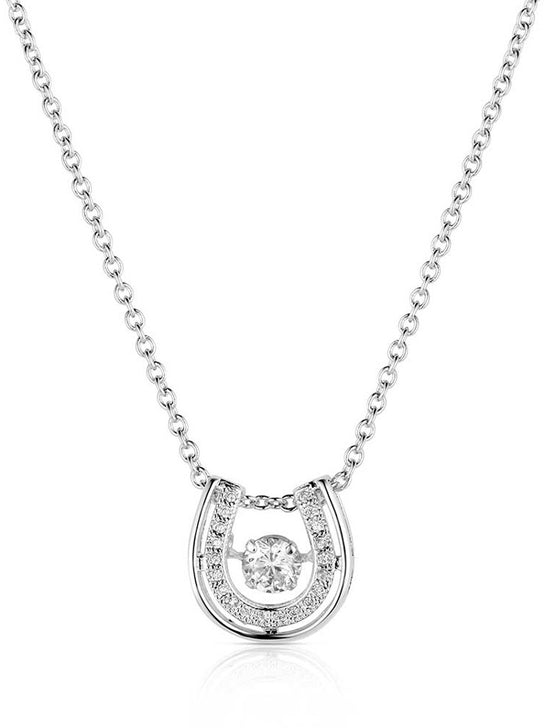 Montana Silversmiths NC3867 Womens Dancing with Luck Horseshoe Necklace Silver front view. If you need any assistance with this item or the purchase of this item please call us at five six one seven four eight eight eight zero one Monday through Saturday 10:00a.m EST to 8:00 p.m EST