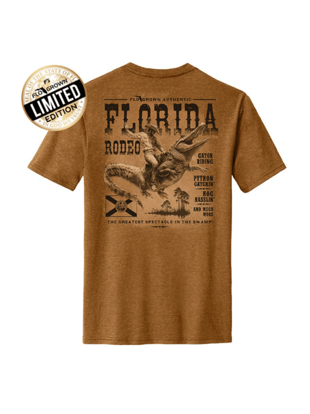 FloGrown FGM1-1112 Mens Limited Edition Annual Florida Rodeo Poster Tee Bronze back view. If you need any assistance with this item or the purchase of this item please call us at five six one seven four eight eight eight zero one Monday through Saturday 10:00a.m EST to 8:00 p.m EST