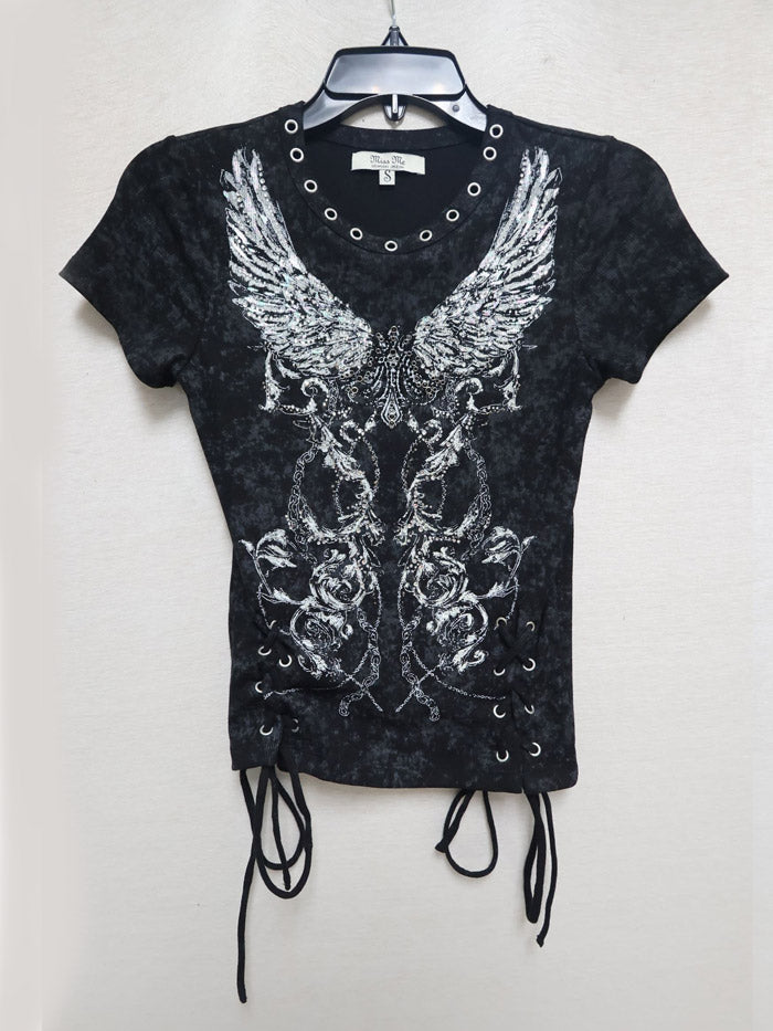 Miss Me BMT0251S Womens Graphic T-Shirt With Ribbon Details Black front view. If you need any assistance with this item or the purchase of this item please call us at five six one seven four eight eight eight zero one Monday through Saturday 10:00a.m EST to 8:00 p.m EST
