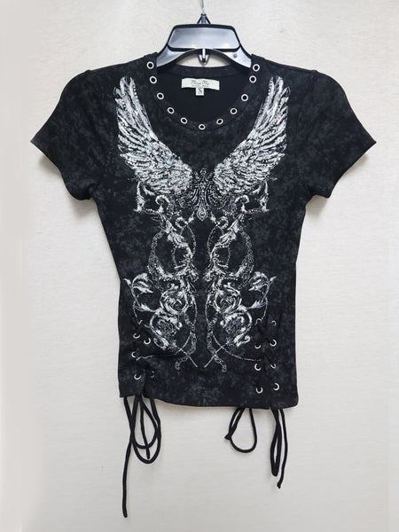 Miss Me BMT0251S Womens Graphic T-Shirt With Ribbon Details Black front view. If you need any assistance with this item or the purchase of this item please call us at five six one seven four eight eight eight zero one Monday through Saturday 10:00a.m EST to 8:00 p.m EST
