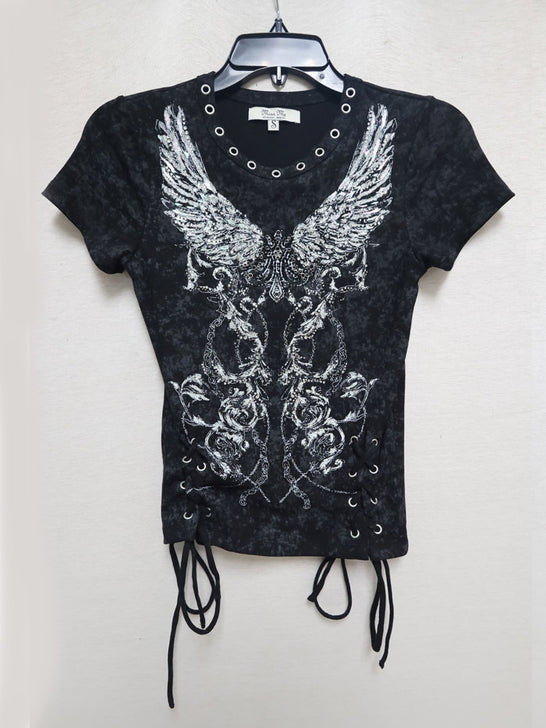Miss Me BMT0251S Womens Graphic T-Shirt With Ribbon Details Black front view. If you need any assistance with this item or the purchase of this item please call us at five six one seven four eight eight eight zero one Monday through Saturday 10:00a.m EST to 8:00 p.m EST
