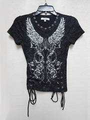Miss Me BMT0251S Womens Graphic T-Shirt With Ribbon Details Black front view. If you need any assistance with this item or the purchase of this item please call us at five six one seven four eight eight eight zero one Monday through Saturday 10:00a.m EST to 8:00 p.m EST
