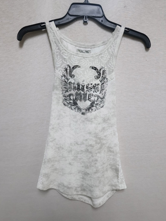 Miss Me BMT0253T Womens Lennon Graphic Tank White front view on model. If you need any assistance with this item or the purchase of this item please call us at five six one seven four eight eight eight zero one Monday through Saturday 10:00a.m EST to 8:00 p.m EST