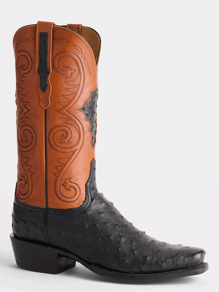 Lucchese GY1007.73-1001 Mens RANDALL Full Quill Ostrich Western Boots Black And Cognac front and side view. If you need any assistance with this item or the purchase of this item please call us at five six one seven four eight eight eight zero one Monday through Saturday 10:00a.m EST to 8:00 p.m EST
