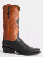 Lucchese GY1007.73-1001 Mens RANDALL Full Quill Ostrich Western Boots Black And Cognacside front view. If you need any assistance with this item or the purchase of this item please call us at five six one seven four eight eight eight zero one Monday through Saturday 10:00a.m EST to 8:00 p.m EST