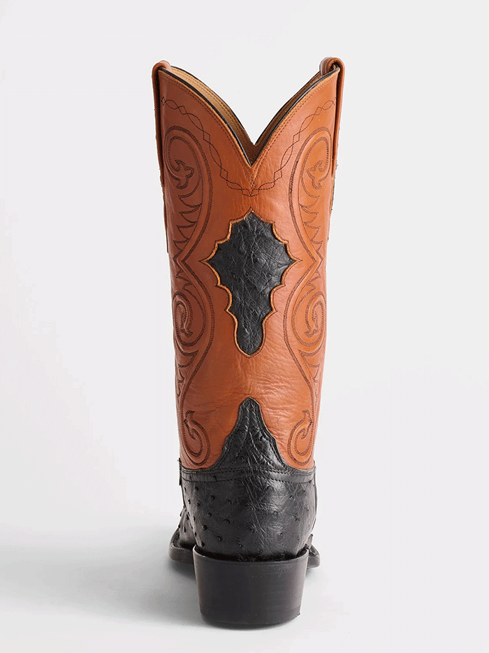 Lucchese GY1007.73-1001 Mens RANDALL Full Quill Ostrich Western Boots Black And Cognac front and side view. If you need any assistance with this item or the purchase of this item please call us at five six one seven four eight eight eight zero one Monday through Saturday 10:00a.m EST to 8:00 p.m EST
