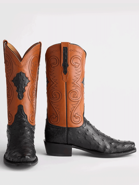 Lucchese GY1007.73-1001 Mens RANDALL Full Quill Ostrich Western Boots Black And Cognac front and side view. If you need any assistance with this item or the purchase of this item please call us at five six one seven four eight eight eight zero one Monday through Saturday 10:00a.m EST to 8:00 p.m EST