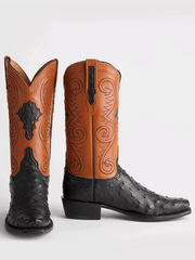 Lucchese GY1007.73-1001 Mens RANDALL Full Quill Ostrich Western Boots Black And Cognac front and side view. If you need any assistance with this item or the purchase of this item please call us at five six one seven four eight eight eight zero one Monday through Saturday 10:00a.m EST to 8:00 p.m EST