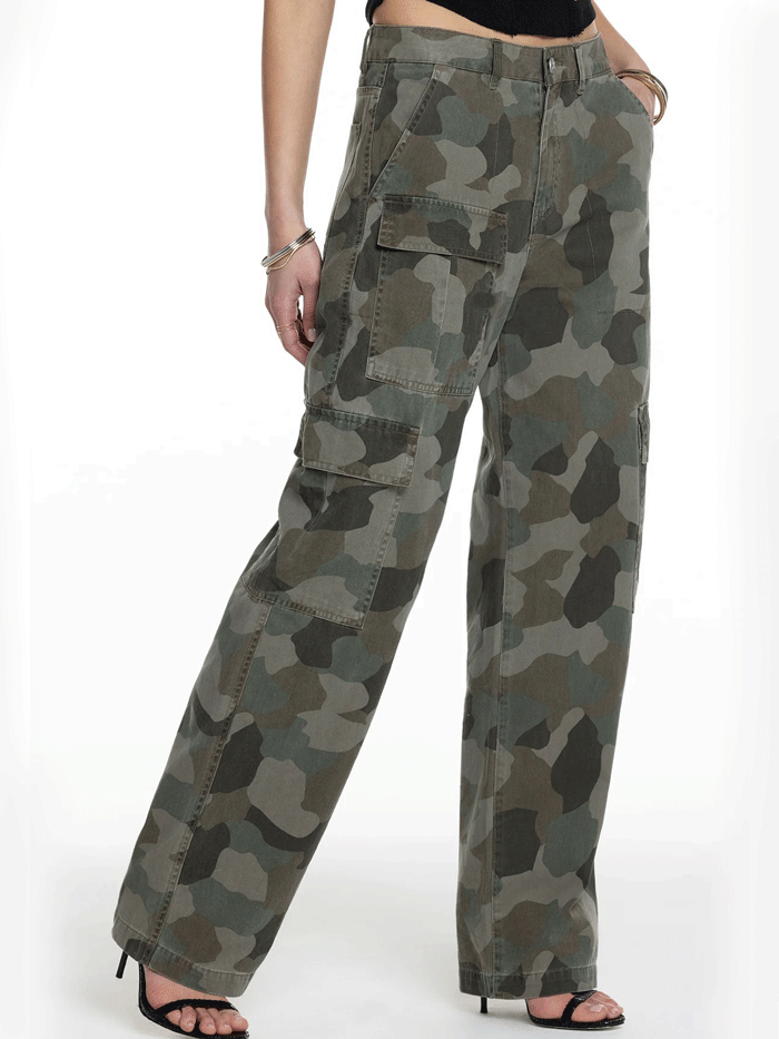 Miss Me H2371GWV Womens Chase Baggy Wide Cargos Camo front view. If you need any assistance with this item or the purchase of this item please call us at five six one seven four eight eight eight zero one Monday through Saturday 10:00a.m EST to 8:00 p.m EST