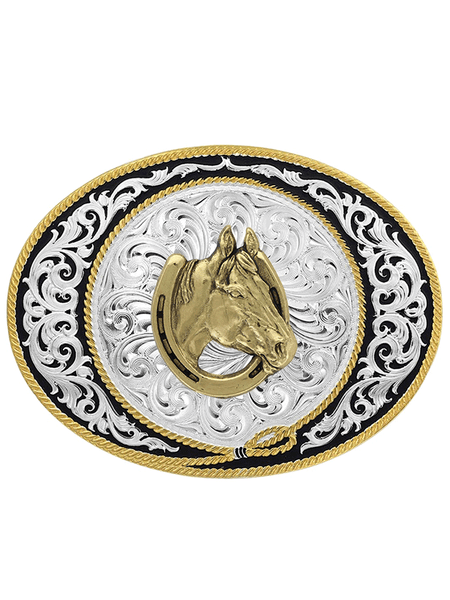 Montana Silversmiths 6190-642 Horse Head In Horse Shoe Buckle Silver front view. If you need any assistance with this item or the purchase of this item please call us at five six one seven four eight eight eight zero one Monday through Saturday 10:00a.m EST to 8:00 p.m EST