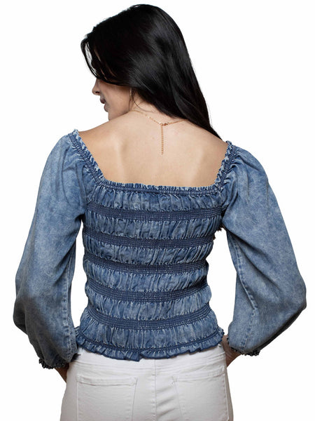Scully HC1023 Womens Smocked Square Neck Top Denim Blue back view. If you need any assistance with this item or the purchase of this item please call us at five six one seven four eight eight eight zero one Monday through Saturday 10:00a.m EST to 8:00 p.m EST