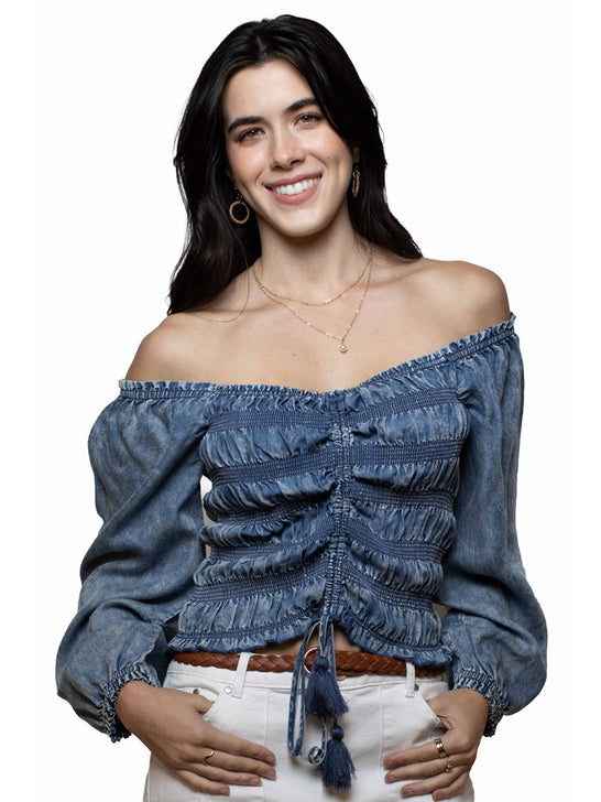 Scully HC1023 Womens Smocked Square Neck Top Denim Blue front view. If you need any assistance with this item or the purchase of this item please call us at five six one seven four eight eight eight zero one Monday through Saturday 10:00a.m EST to 8:00 p.m EST
