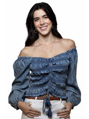 Scully HC1023 Womens Smocked Square Neck Top Denim Blue front view. If you need any assistance with this item or the purchase of this item please call us at five six one seven four eight eight eight zero one Monday through Saturday 10:00a.m EST to 8:00 p.m EST
