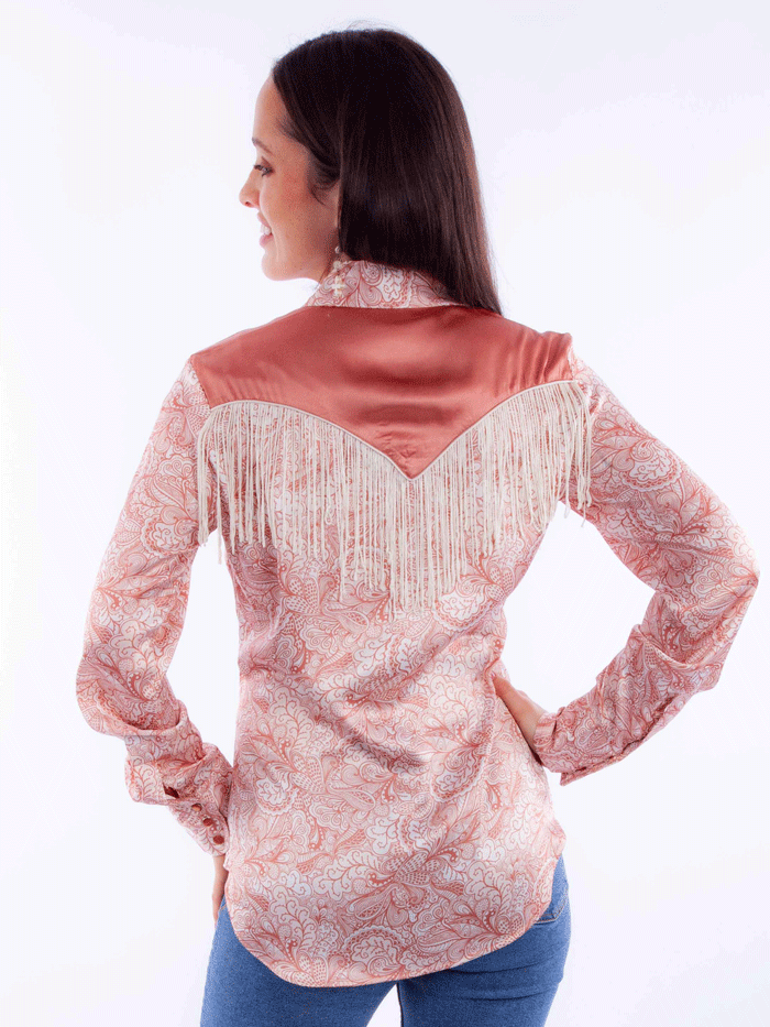Scully HC928-PCH Womens Print Western Fringe Shirt Peach front view. If you need any assistance with this item or the purchase of this item please call us at five six one seven four eight eight eight zero one Monday through Saturday 10:00a.m EST to 8:00 p.m EST
