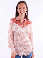 Scully HC928-PCH Womens Print Western Fringe Shirt Peach front view. If you need any assistance with this item or the purchase of this item please call us at five six one seven four eight eight eight zero one Monday through Saturday 10:00a.m EST to 8:00 p.m EST
