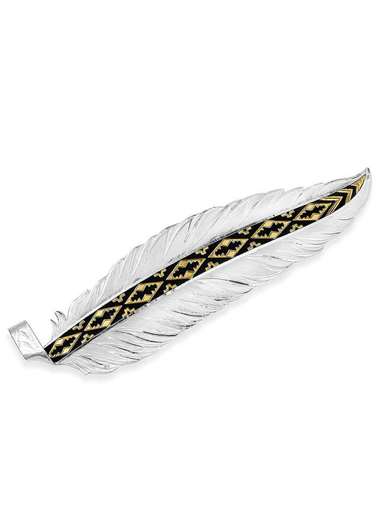 Montana Silversmiths HF5761 Trust And Honor Hat Feather Silver Gold And Black front view. If you need any assistance with this item or the purchase of this item please call us at five six one seven four eight eight eight zero one Monday through Saturday 10:00a.m EST to 8:00 p.m EST
