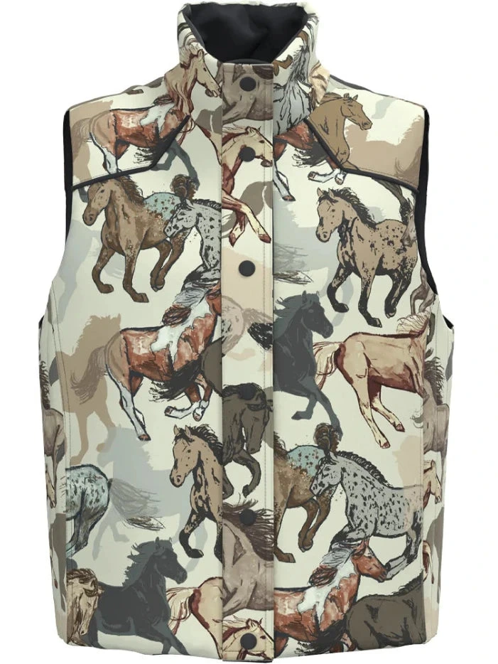 Hooey HV2603DKCH Womens CASSIDY Reversible Puffer Vest Dark Charcoal Horse Print front view horse print side. If you need any assistance with this item or the purchase of this item please call us at five six one seven four eight eight eight zero one Monday through Saturday 10:00a.m EST to 8:00 p.m EST