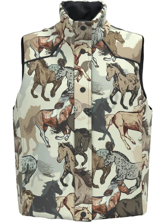 Hooey HV2603DKCH Womens CASSIDY Reversible Puffer Vest Dark Charcoal Horse Print front view horse print side. If you need any assistance with this item or the purchase of this item please call us at five six one seven four eight eight eight zero one Monday through Saturday 10:00a.m EST to 8:00 p.m EST