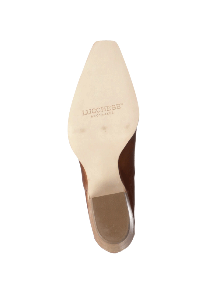 Lucchese I6115 Womens KIM Western Mule Golden Tan front and side view. If you need any assistance with this item or the purchase of this item please call us at five six one seven four eight eight eight zero one Monday through Saturday 10:00a.m EST to 8:00 p.m EST