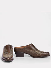 Lucchese I6186-2012 Womens KIM FANCY Western Mule Chocolate front and side view. If you need any assistance with this item or the purchase of this item please call us at five six one seven four eight eight eight zero one Monday through Saturday 10:00a.m EST to 8:00 p.m EST