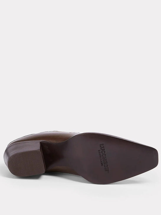Lucchese I6186-2012 Womens KIM FANCY Western Mule Chocolate sole view. If you need any assistance with this item or the purchase of this item please call us at five six one seven four eight eight eight zero one Monday through Saturday 10:00a.m EST to 8:00 p.m EST