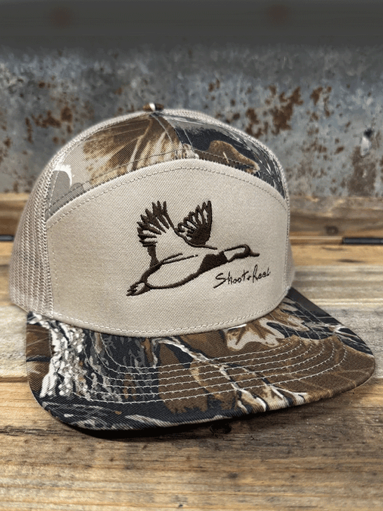 Shoot & Reel SR16-RTA Mallard Outline Embroidery Flat Bill Cap RealTree Advantage side / front view. If you need any assistance with this item or the purchase of this item please call us at five six one seven four eight eight eight zero one Monday through Saturday 10:00a.m EST to 8:00 p.m EST