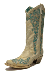 Corral A4368 Ladies Overlay And Embroidery Glitter Snip Toe Boots Bone front and side view. If you need any assistance with this item or the purchase of this item please call us at five six one seven four eight eight eight zero one Monday through Saturday 10:00a.m EST to 8:00 p.m EST
