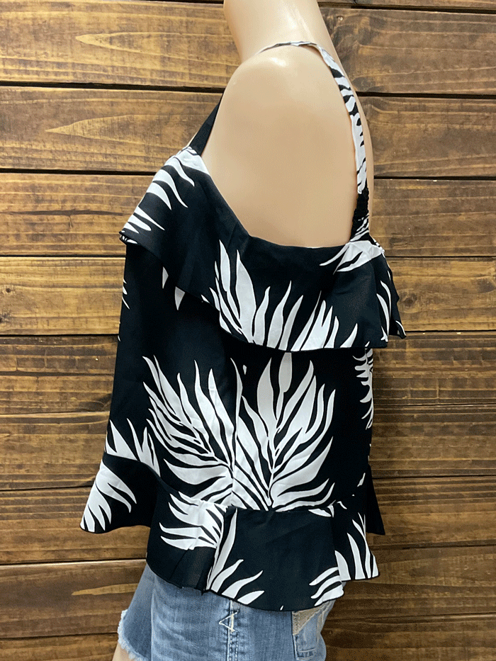 Santiki 6298-1309 Womens Fiona Top Leaf Black And Whitefront view. If you need any assistance with this item or the purchase of this item please call us at five six one seven four eight eight eight zero one Monday through Saturday 10:00a.m EST to 8:00 p.m EST