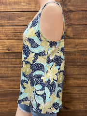 Santiki 6267-1265 Womens Raine Top Navy Yellow Orchid side view. If you need any assistance with this item or the purchase of this item please call us at five six one seven four eight eight eight zero one Monday through Saturday 10:00a.m EST to 8:00 p.m EST