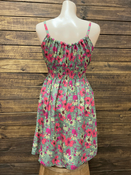 Travida 2107-1332 Womens Heidi Dress Olive Summer Poppy back view. If you need any assistance with this item or the purchase of this item please call us at five six one seven four eight eight eight zero one Monday through Saturday 10:00a.m EST to 8:00 p.m EST