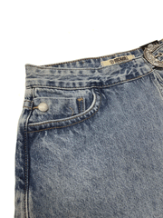 Rock & Roll Denim RRWD68R173 Womens Denim Skort Medium Vintage front pocket close up. If you need any assistance with this item or the purchase of this item please call us at five six one seven four eight eight eight zero one Monday through Saturday 10:00a.m EST to 8:00 p.m EST