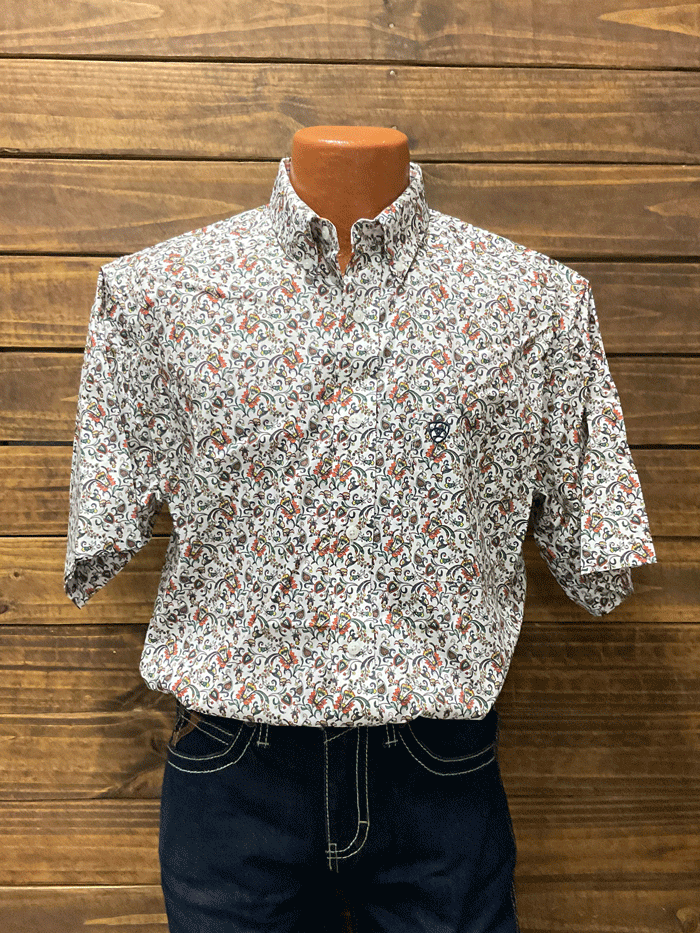 Ariat 10045072 Mens Wrinkle Free Ford Short Sleeve Shirt White front view on mannequin. If you need any assistance with this item or the purchase of this item please call us at five six one seven four eight eight eight zero one Monday through Saturday 10:00a.m EST to 8:00 p.m EST