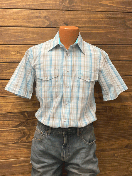 Panhandle PSMS1SR12W Mens Short Sleeve Plaid Snap Shirt Bright Turquoise front view on mannequin. If you need any assistance with this item or the purchase of this item please call us at five six one seven four eight eight eight zero one Monday through Saturday 10:00a.m EST to 8:00 p.m EST