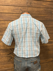 Panhandle PSMS1SR12W Mens Short Sleeve Plaid Snap Shirt Bright Turquoise back view. If you need any assistance with this item or the purchase of this item please call us at five six one seven four eight eight eight zero one Monday through Saturday 10:00a.m EST to 8:00 p.m EST