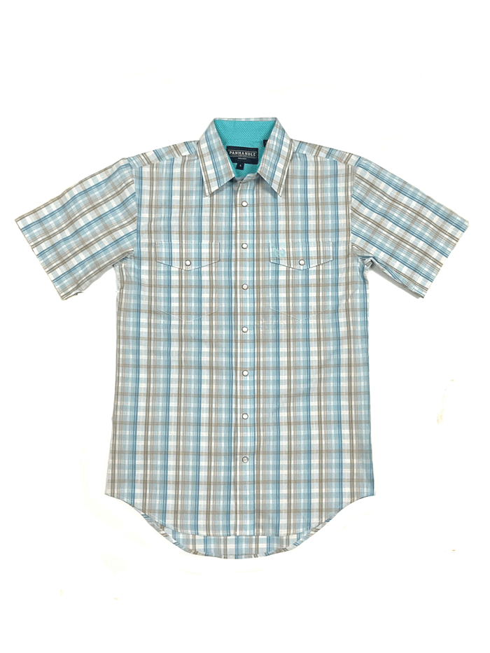 Panhandle PSMS1SR12W Mens Short Sleeve Plaid Snap Shirt Bright Turquoise front view on mannequin. If you need any assistance with this item or the purchase of this item please call us at five six one seven four eight eight eight zero one Monday through Saturday 10:00a.m EST to 8:00 p.m EST