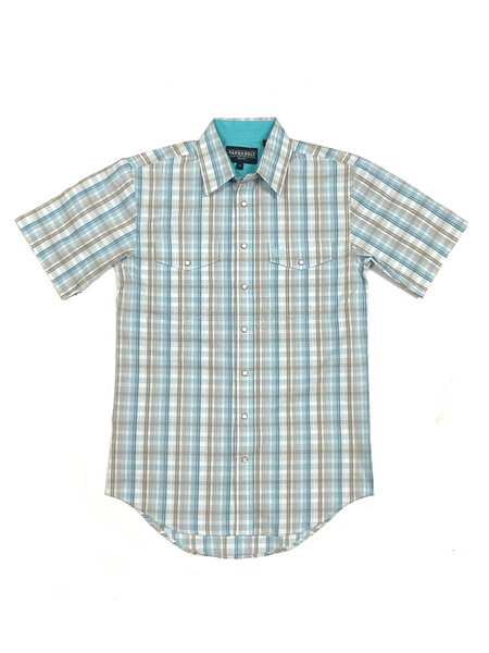 Panhandle PSMS1SR12W Mens Short Sleeve Plaid Snap Shirt Bright Turquoise front view. If you need any assistance with this item or the purchase of this item please call us at five six one seven four eight eight eight zero one Monday through Saturday 10:00a.m EST to 8:00 p.m EST