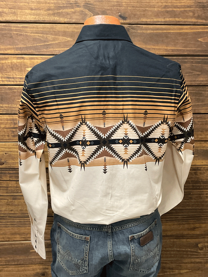 Panhandle PHMSOSR14G Mens Long Sleeve Aztec Border Shirt Natural front view on mannequin