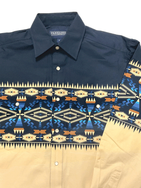 Panhandle PHMSOSR14I Mens Long Sleeve Aztec Border Shirt Navy front close up